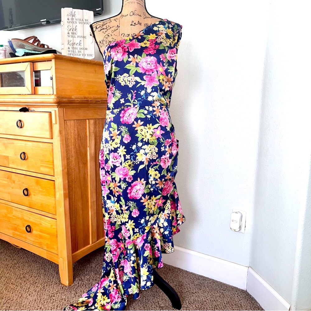 Lulu’s satin feel ruffle one shoulder dress floral